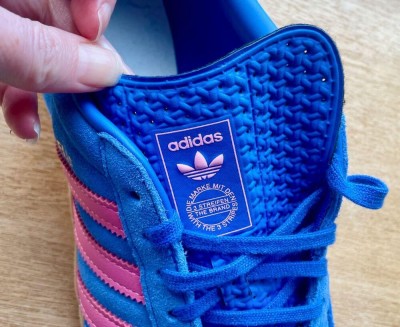 Close up shot of my Adidas Gazelle sneaker tongue which is made of plastic