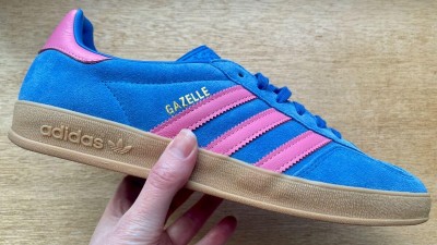 My size 43 1/3 Adidas Gazelle sneakers are blue suede with pink accents