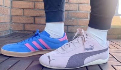 Wearing adidas gazelle on left and Puma speedcat on right