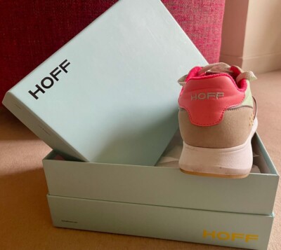 Hoff shoebox and back of sneaker with embroidered hoff logo