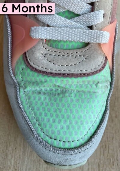 The light green part at the front of the shoe is made from a unique crinkly tissue-like material