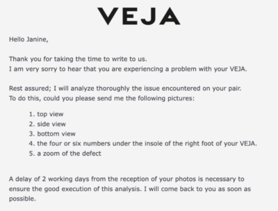 Veja email requesting photos of my year old Campos (July 2023)