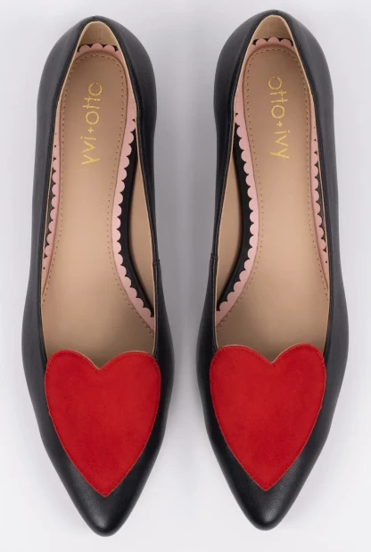 Rosie heart flats in black and red (also silver + grey, or black combos) for sizes 42-24 standard and wide fit