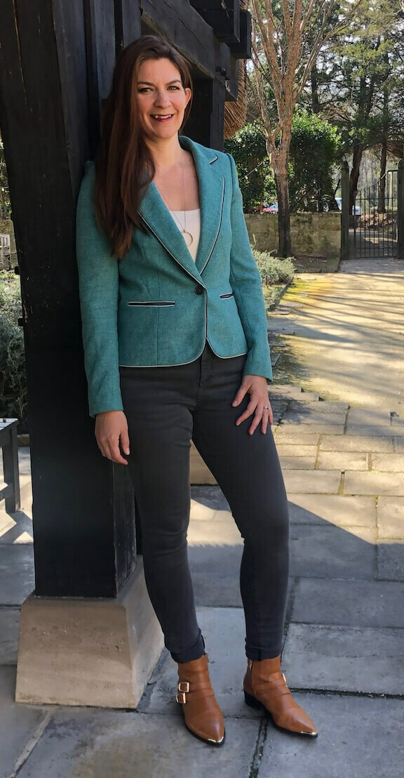 Beth wearing her favourite Otto+Ivy Tilly boots along with a made-in-UK Allta blazer and At Last Denim Jeans