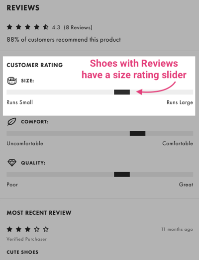 ASOS shoes with reviews have a size rating