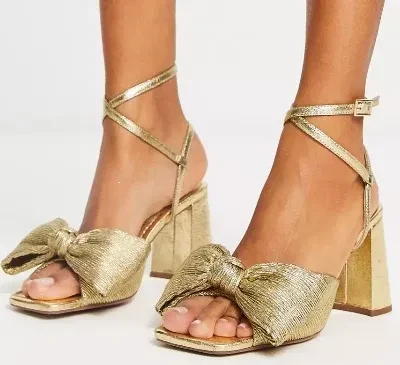 ASOS Design gold bow block heel sandals up to size 10 uk or 12 us