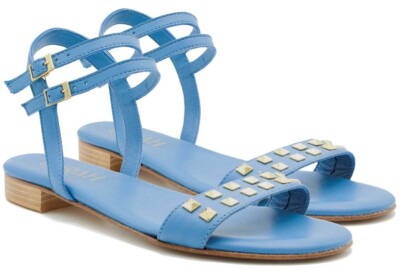 Lurah ight blue leather flat strappy sandals with studs across front strap