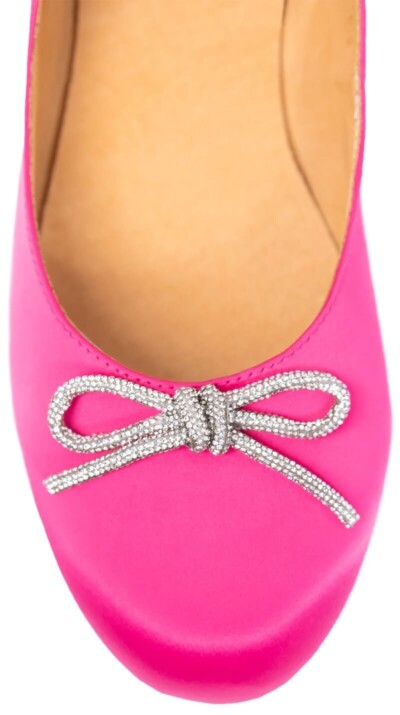 Pink satin ballet flat with rhinestone bow embellishment