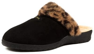 Ziera comfy w slipper in black with leopard faux fur trim up to size 14.5 us (45 eu)