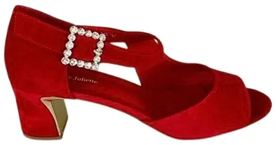 Django and Juliette Juzy red peeptoe ankle strap sandals with diamante buckle for size 10-14 au/us